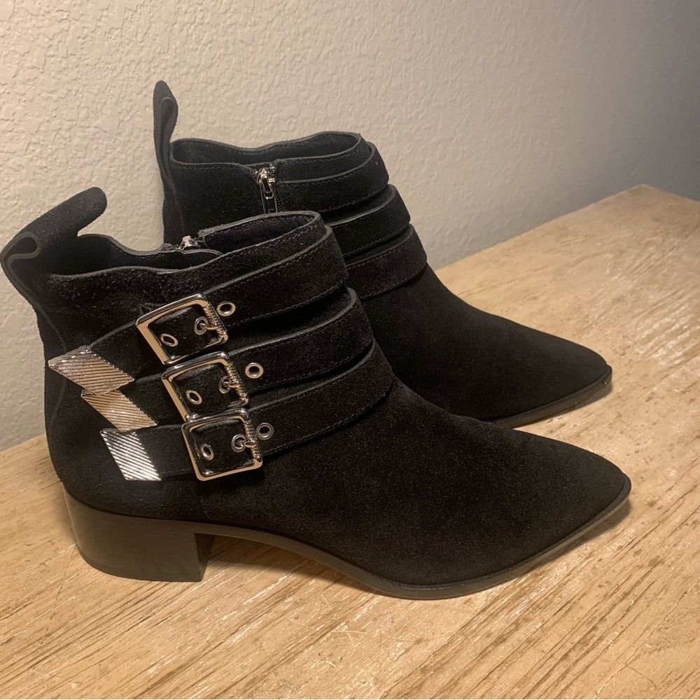 Loeffler Randall Black Suede Silver Buckle Ankle Boots – Size 7.5 B Quiet Luxury